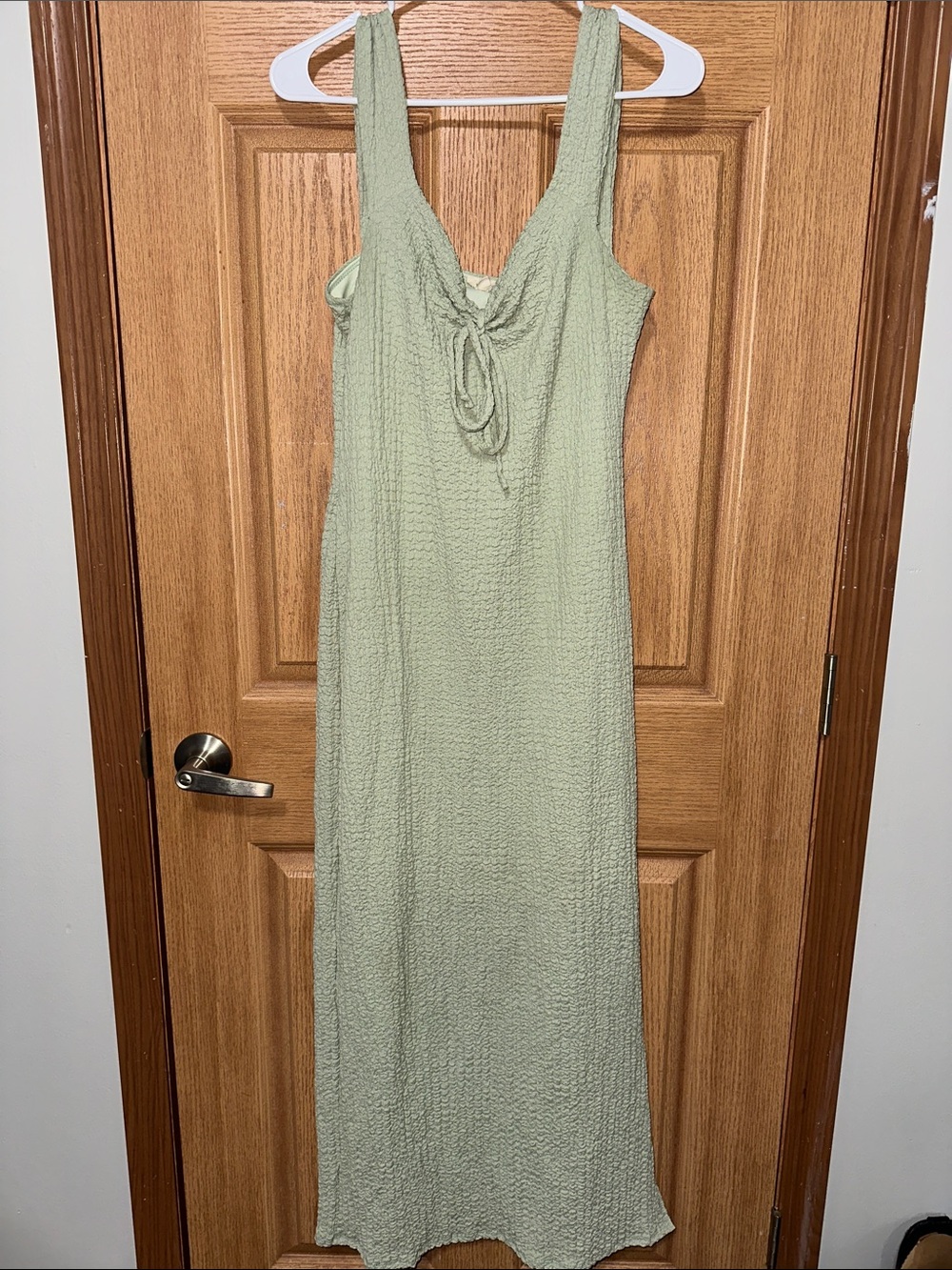 See You Monday Light Sage Green Textured Maxi Dress with Tie Front